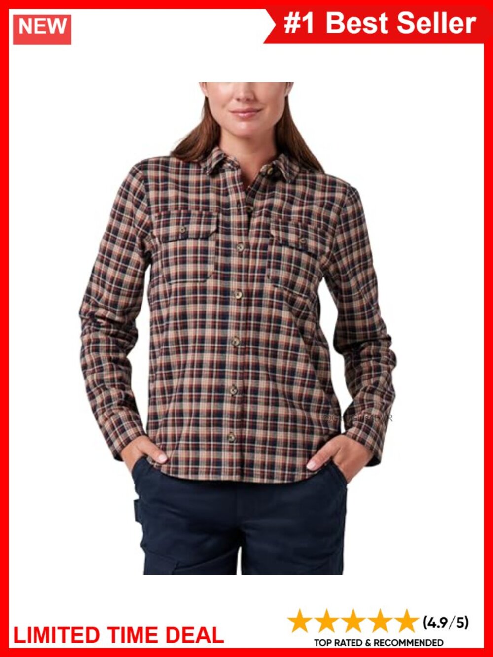 Long Sleeve Plaid Flannel Shirt Moisture Wicking Quick Dry